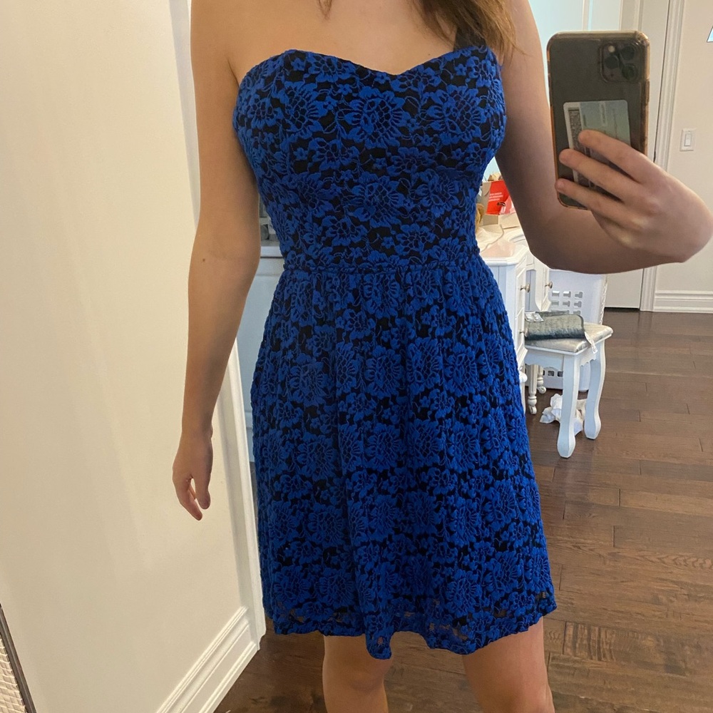 Lovely Day Blue Black Floral Lace Strapless Open Back
